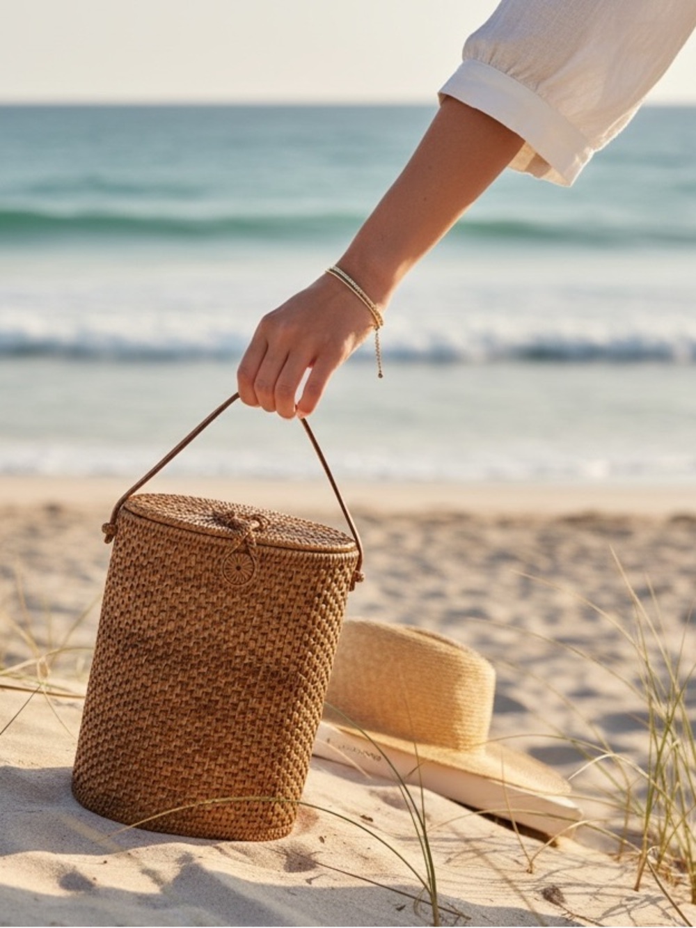 Tall hand woven cylinder rattan with fitted lid